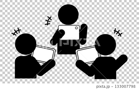 タブレットを持ち話し合う3人のシルエットイラスト 133007798