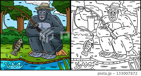 Gorilla Fishing Coloring Page Colored Illustration 133007872