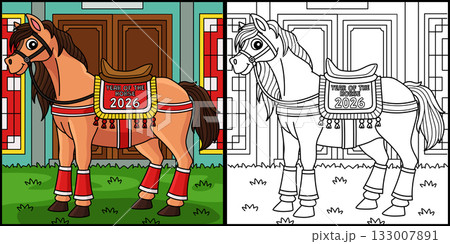 Year of the Horse 2026 with a Saddle Illustration Year of the Horse 2026 with a Saddle Illustration 133007891