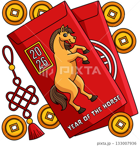 Year of the Horse 2026 Angpao Cartoon Clipart 133007936
