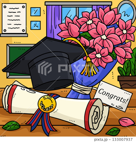 Graduation Cap Bouquet and Diploma Colored Cartoon 133007937