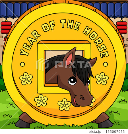 Year of the Horse Chinese Coin Colored Cartoon  133007953
