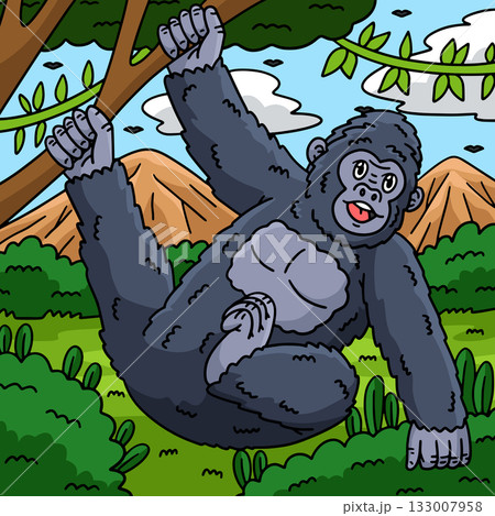 Gorilla Hanging from Branch Colored Cartoon Gorilla Hanging from Branch Colored Cartoon 133007958