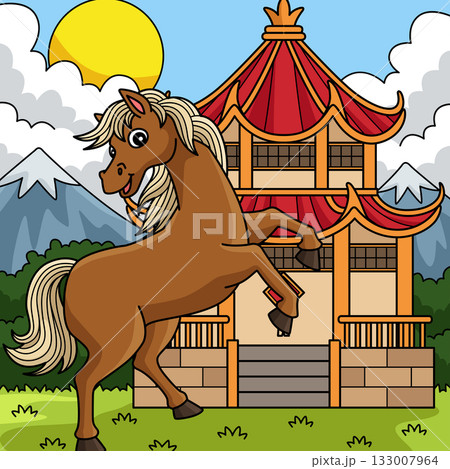 Year of the Horse In Front Chinese Temple Colored Year of the Horse In Front Chinese Temple Colored 133007964