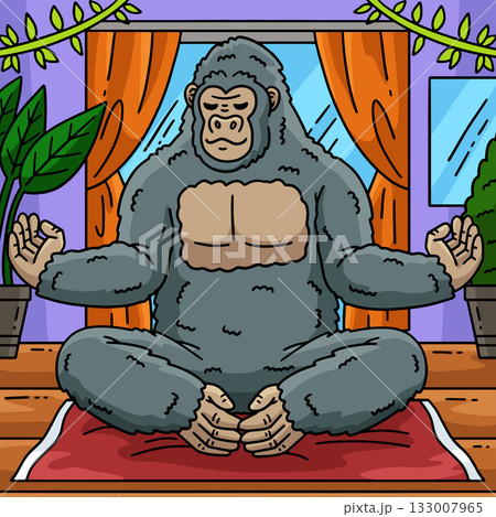 Gorilla Meditation Colored Cartoon Illustration  133007965