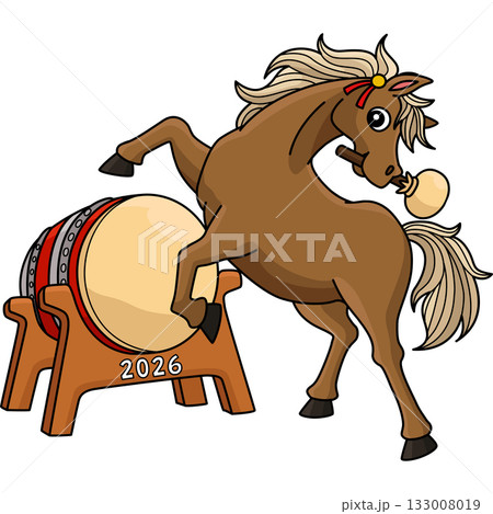 Year of the Horse Playing Drums Cartoon Clipart  133008019