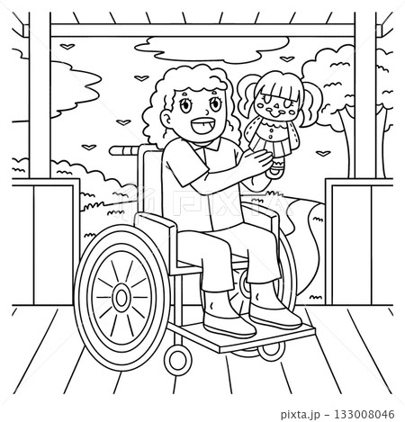 Girl in Wheelchair Playing Doll Coloring Page  133008046
