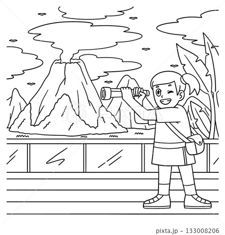 Girl looking at Volcano through Telescope Coloring 133008206