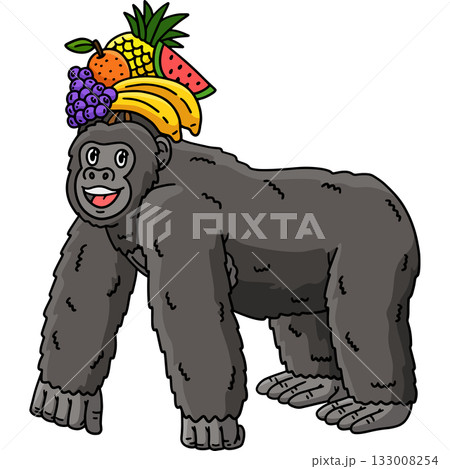 Gorilla with a Fruit Crown Cartoon Colored Clipart 133008254