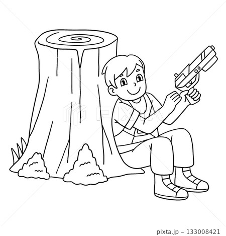 Laser Tag Boy Crouching Behind Tree Trunk Isolated Laser Tag Boy Crouching Behind Tree Trunk Isolated 133008421