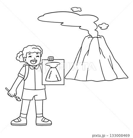 Girl with a Drawing of a Volcano Isolated Coloring 133008469