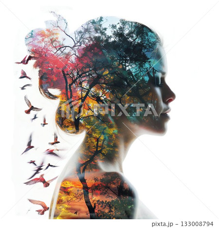 Nature's Silhouette: A Portrait of Woman and Wilderness. Generative ai Nature's Silhouette: A Portrait of Woman and Wilderness. Generative ai 133008794