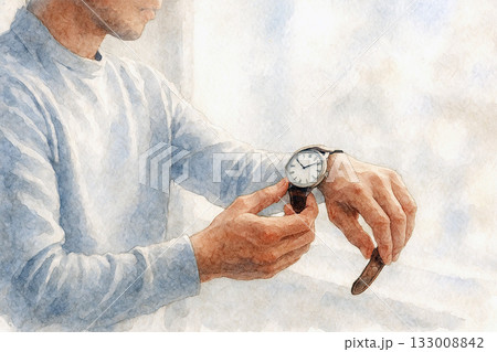 朝の窓辺で腕時計を外す日本人男性（AI-generated） 133008842