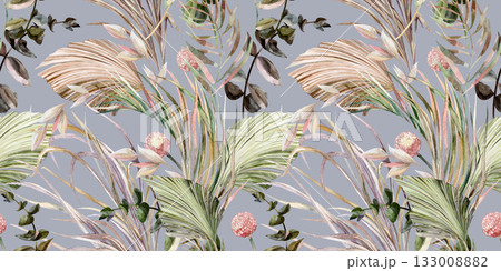 Seamless watercolor pattern with dried flowers and tropical leaves, hand-drawn for textile 133008882
