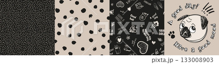 A set of patterns and prints featuring a pug dog, slogans, and polka dots for teenage girls for textiles and design 133008903