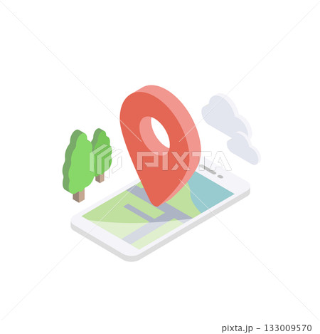 スマホの地図アプリに赤いマップピンが立つアイソメトリックなベクターイラスト (ナビ・アクセス) 133009570