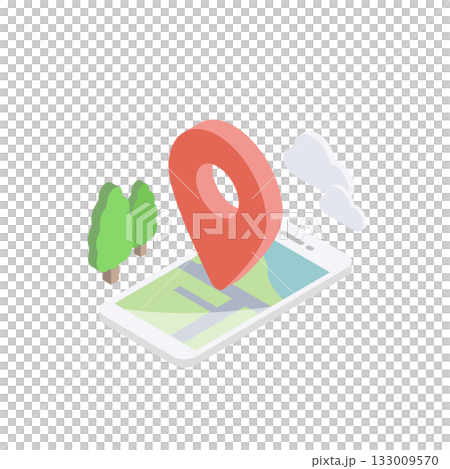 スマホの地図アプリに赤いマップピンが立つアイソメトリックなベクターイラスト (ナビ・アクセス) 133009570