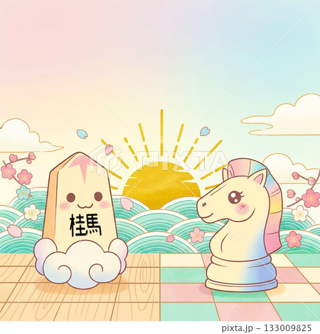 新春の縁起物!和柄(わがら)の背景と日の出が美しい、可愛い馬と桂馬のポップな素材 新春の縁起物!和柄(わがら)の背景と日の出が美しい、可愛い馬と桂馬のポップな素材 133009825