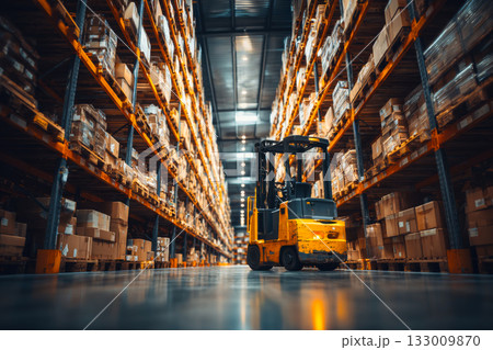 A logistics center features tall shelves filled with boxes. A yellow forklift is positioned in the aisle, ready to transport goods. The atmosphere is organized and efficient. 133009870
