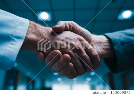 Healthcare professional shakes hands with a patient in a consultation room, demonstrating rapport and trust during their medical visit. 133009873