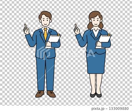 面帶笑容、穿著西裝的男男女女正在進行演講。一位辦公室工作人員手持文件的全身插圖。 133009880