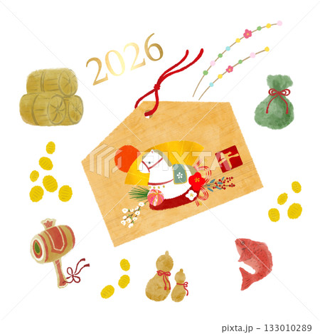 午年の絵馬とお正月の縁起物の水彩アイコンセット 133010289