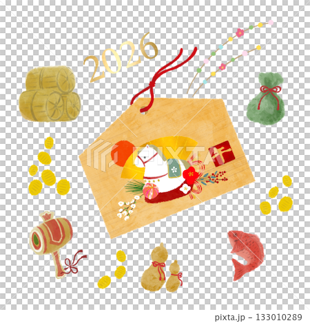午年の絵馬とお正月の縁起物の水彩アイコンセット 133010289