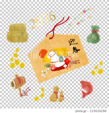 Watercolor illustration set of votive plaques for the Year of the Horse and auspicious New Year decorations 133010290