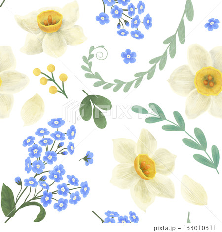 Seamless pattern with flowers of blue forget-me-nots, white daffodils, green twigs colors with watercolors in flat style and pastel colors. for design Seamless pattern with flowers of blue forget-me-nots, white daffodils, green twigs colors with watercolors in flat style and pastel colors. for design 133010311