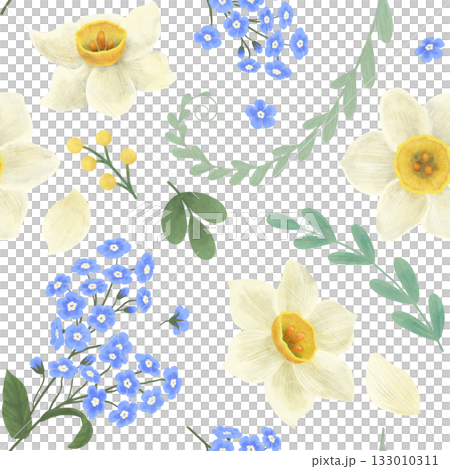 Seamless pattern with flowers of blue forget-me-nots, white daffodils, green twigs colors with watercolors in flat style and pastel colors. for design Seamless pattern with flowers of blue forget-me-nots, white daffodils, green twigs colors with watercolors in flat style and pastel colors. for design 133010311