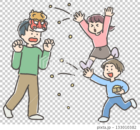 一位年輕的父親帶著男孩和女孩，一家三口在節分節水中撒豆子。 133010382