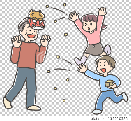 爺爺、男孩女孩一家在節分節拋豆子 133010383