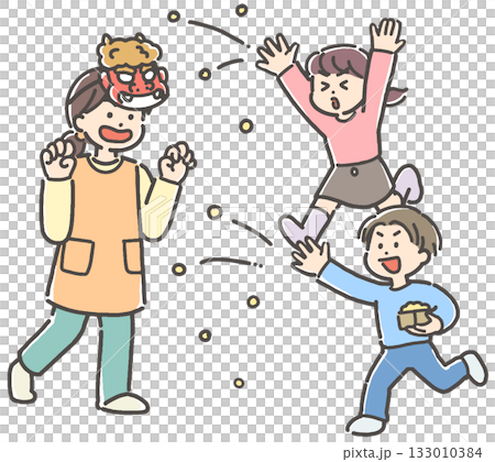 Setsubun bean-throwing woman/teacher/nursery teacher and boy and girl Setsubun bean-throwing woman/teacher/nursery teacher and boy and girl 133010384