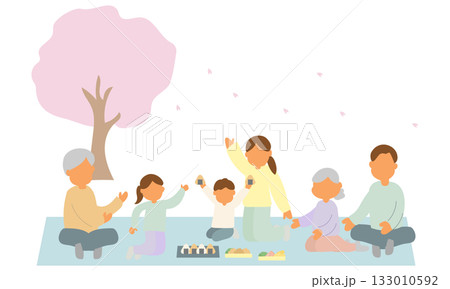 桜の下でお弁当を広げる三世代家族のイラスト 桜の下でお弁当を広げる三世代家族のイラスト 133010592