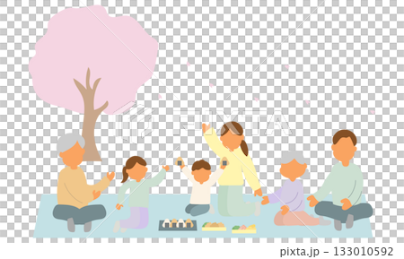 桜の下でお弁当を広げる三世代家族のイラスト 桜の下でお弁当を広げる三世代家族のイラスト 133010592