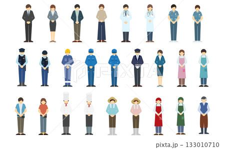 フラットイラスト:お辞儀をするざまざまな職業の人々 フラットイラスト:お辞儀をするざまざまな職業の人々 133010710
