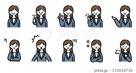 手描きイラスト：様々な表情のスーツ女性 133010716