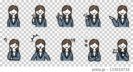 手描きイラスト：様々な表情のスーツ女性 133010716