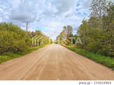 Straight dirt road through forest open sky clear perspective horizontal frame 133010964