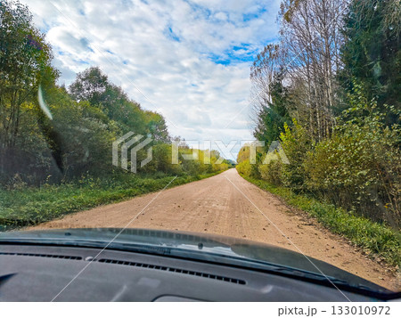 Forest dirt track view from car clean perspective and greenery horizontal frame 133010972