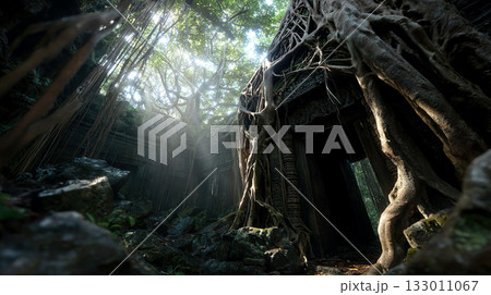 森の中の木の根に覆われた遺跡のイメージ風景 133011067
