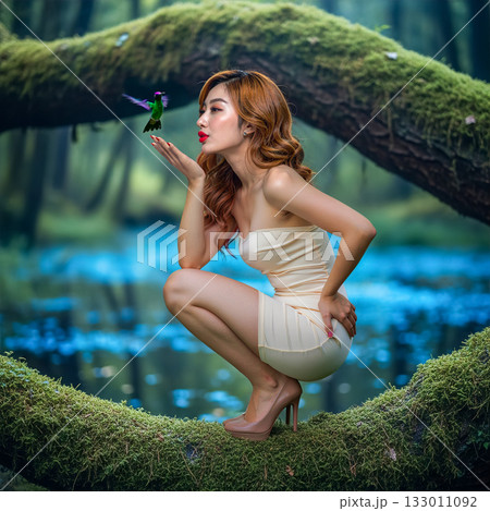 ミニスカート女性が水辺の苔むした樹木でハチドリと戯れる 133011092