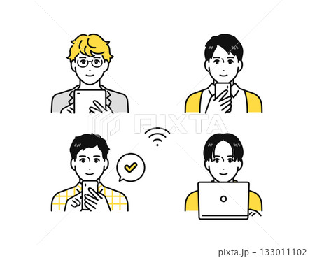 スマートフォン・タブレット端末・pcを操作する若い男性のアイコンセット 133011102