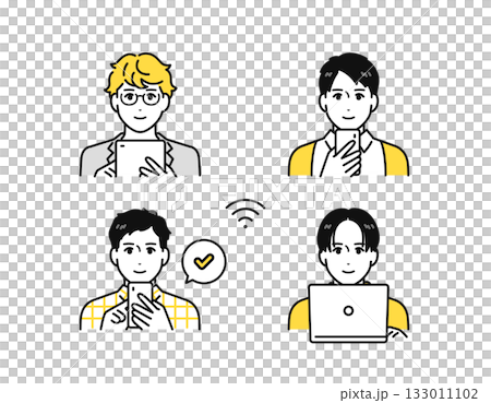 スマートフォン・タブレット端末・pcを操作する若い男性のアイコンセット 133011102