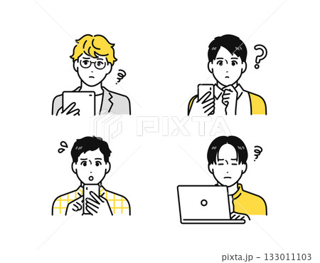 スマホ・タブレット・ノートパソコンを見て困る若い男性のアイコンセット スマホ・タブレット・ノートパソコンを見て困る若い男性のアイコンセット 133011103