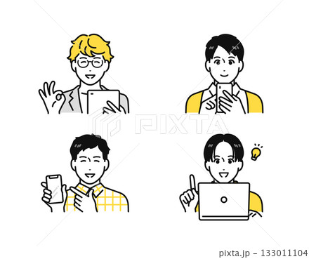 スマホ・タブレット・ノートパソコンを見て喜ぶ若い男性のアイコンセット スマホ・タブレット・ノートパソコンを見て喜ぶ若い男性のアイコンセット 133011104