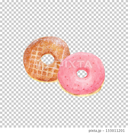 手描き水彩のドーナツイラスト（シュガードーナツとストロベリーチョコドーナツ）｜Watercolor  133011201