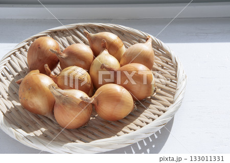 冬の窓辺で乾燥させる小たまねぎ 133011331