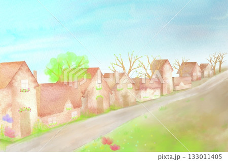 枯れた土地が芽吹き,緑豊かな街並みへと生まれ変わる変化を表した水彩イラスト。SDGsテーマ。 枯れた土地が芽吹き,緑豊かな街並みへと生まれ変わる変化を表した水彩イラスト。SDGsテーマ。 133011405