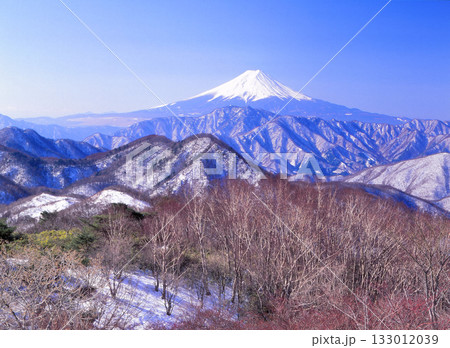 山梨県甲州市に在るハマイバ丸から前衛の山並みと富士山 133012039